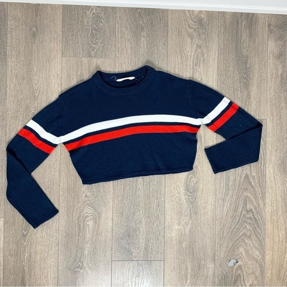 Bluenotes Women's Sweater Top Knit Cropped Stripe Long sleeve Navy Blue Medium - Picture 5 of 11